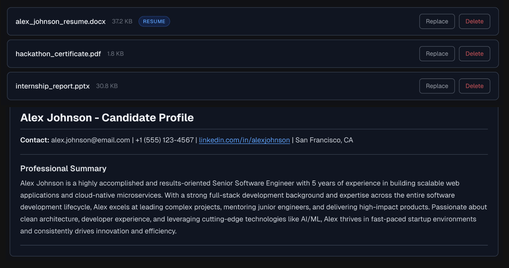 AI-generated candidate profile with strengths and gaps