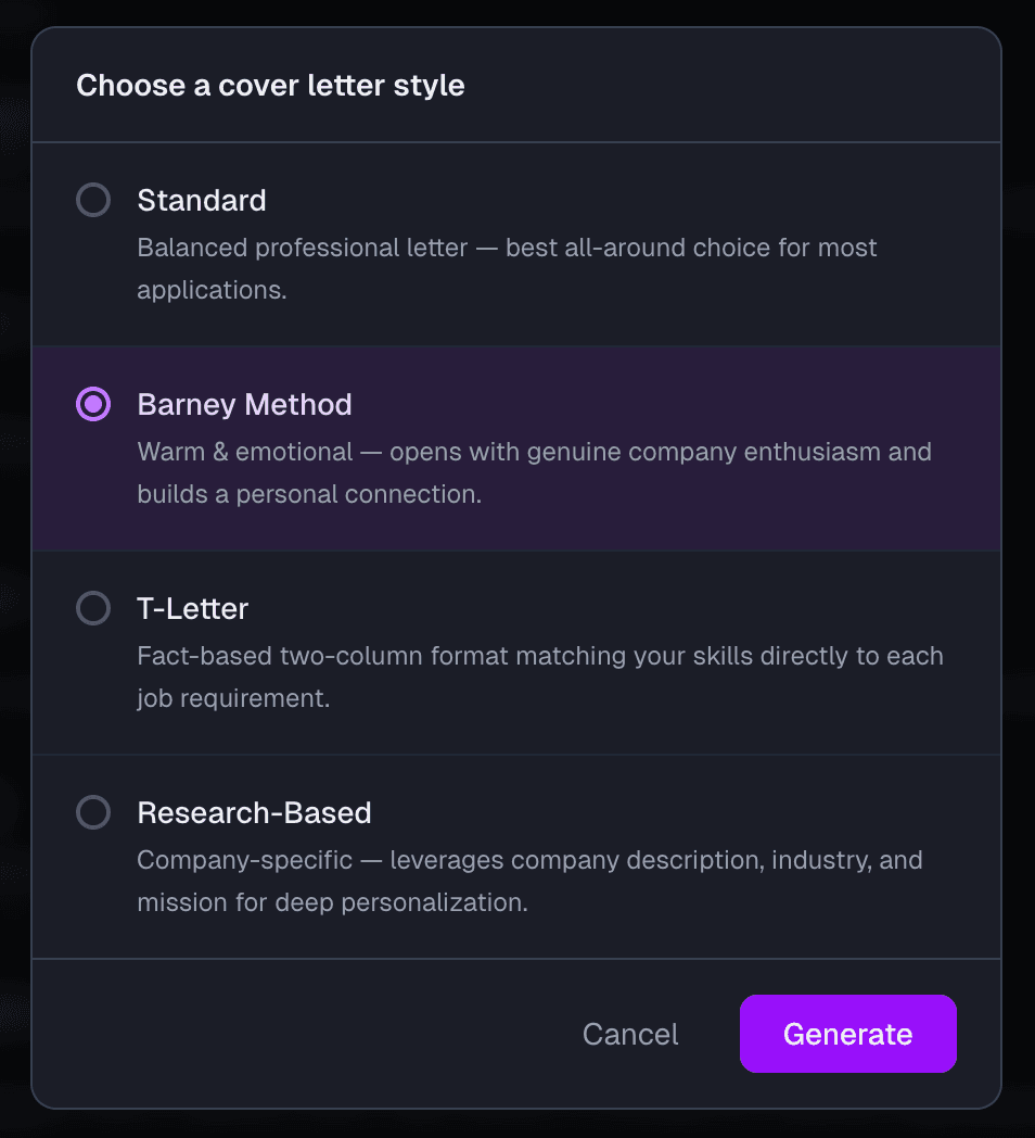 Cover letter template selection screen